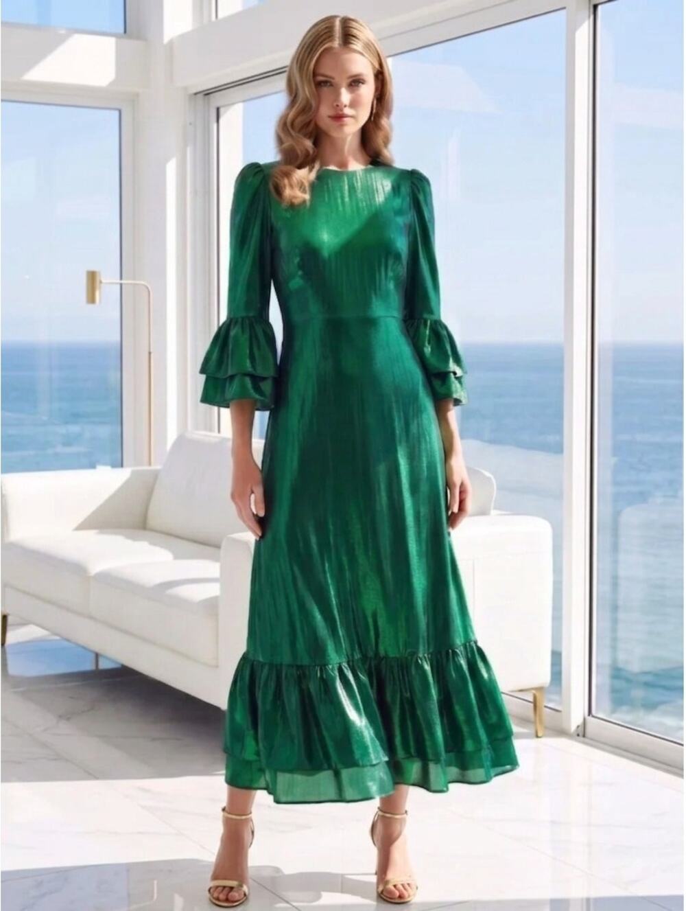 Tuckernuck Pomander Place Lillith Formal Dress Small Emerald Green Crinkle Lurex